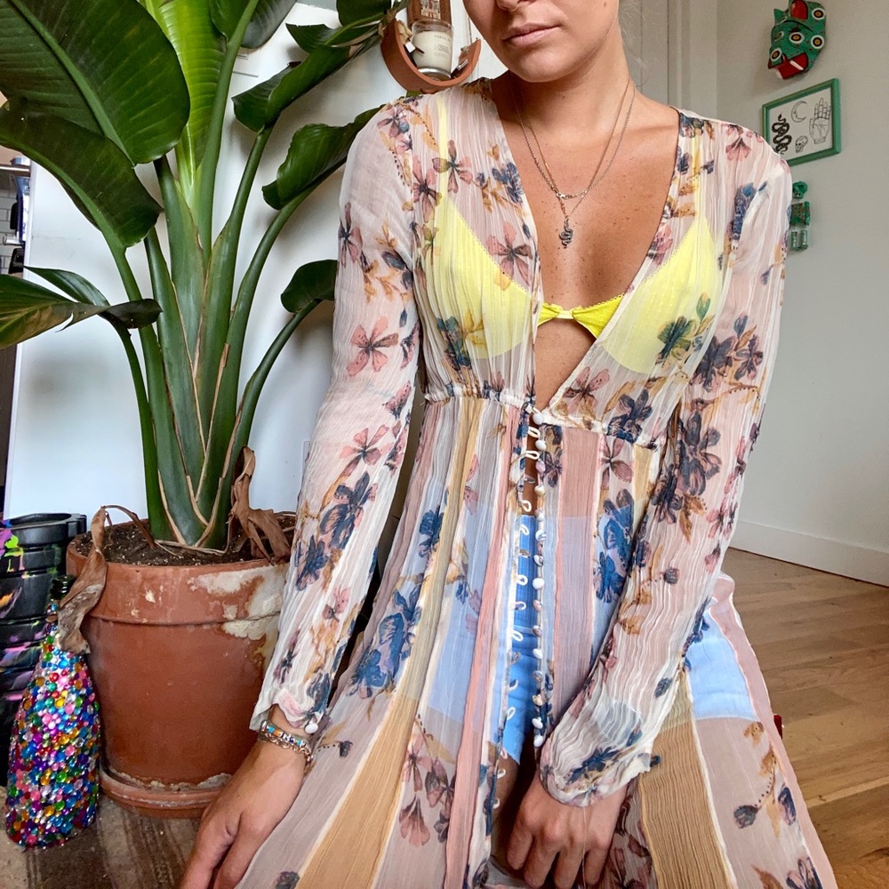 Free People Sheer Floral Button Up Kimono Duster